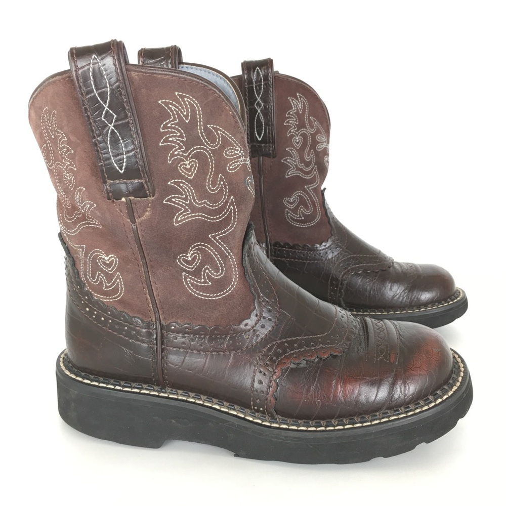 Ariat Fatbaby Brown Leather Faux Croc Western Cowboy Boots Women’s Size 6B